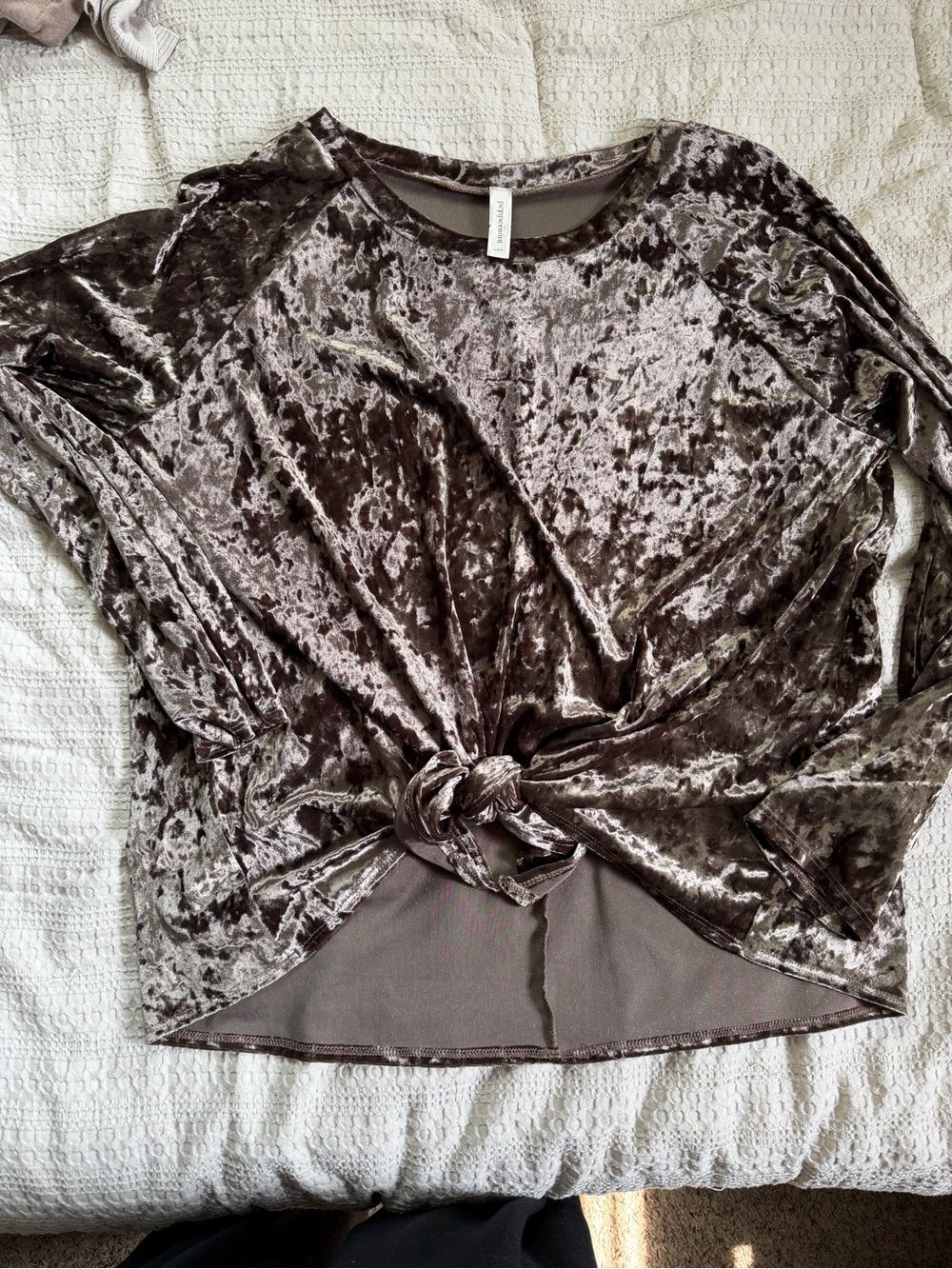 Peppermint Crushed Velvet Tie-Front Pullover in Taupe